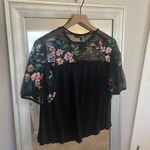 Kim & Cami Women's Black Multicolored Floral Embroidered Illusion Blouse Top S